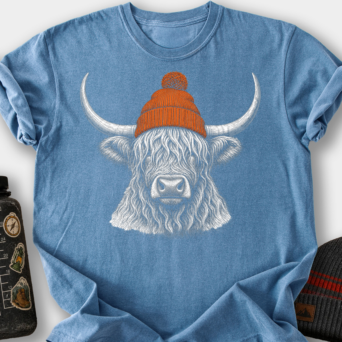 Highland Cow in a Beanie T-Shirt — Blue Jean