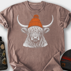 Highland Cow in a Beanie T-Shirt — Espresso