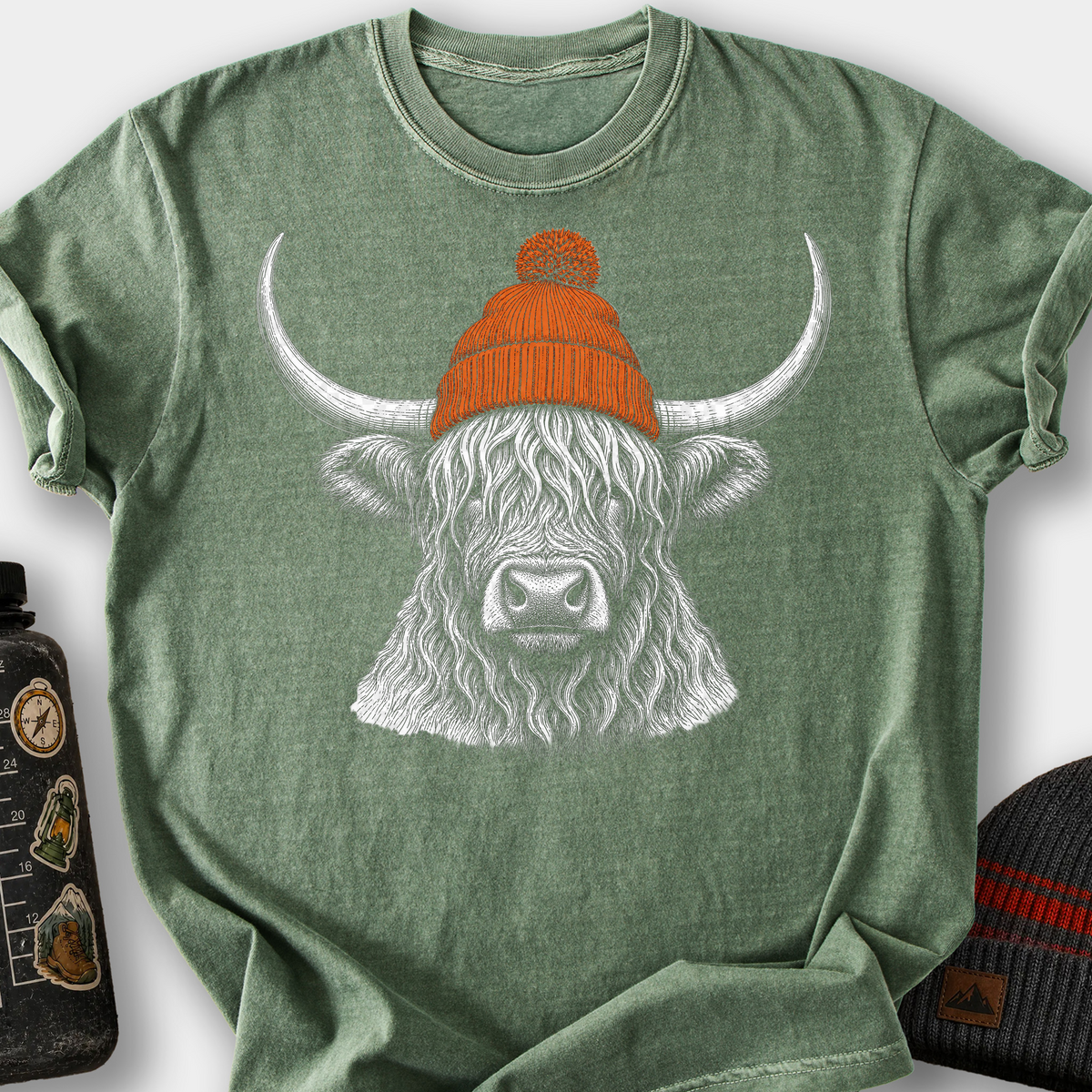 Highland Cow in a Beanie T-Shirt — Moss