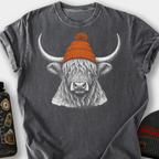 Highland Cow in a Beanie T-Shirt — Pepper