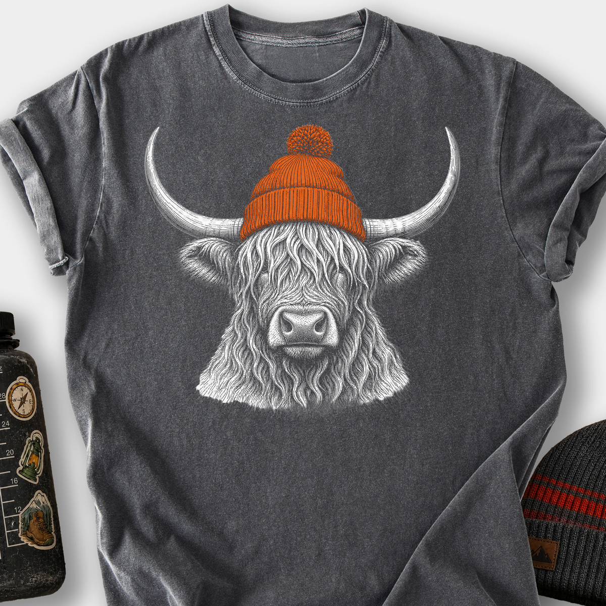 Highland Cow in a Beanie T-Shirt — Pepper