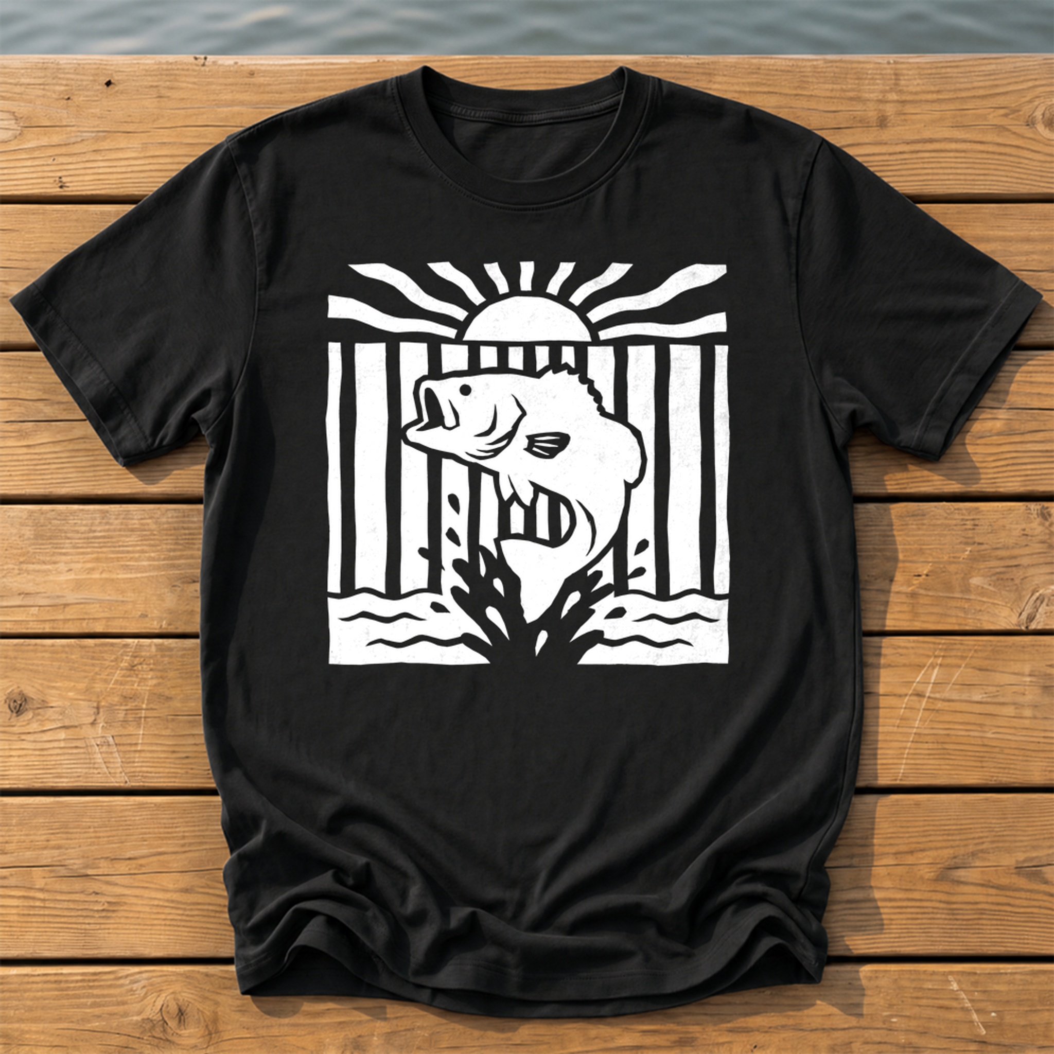 leaping bass striped bold folk cutout na T-Shirt — Black