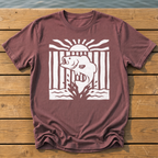 leaping bass striped bold folk cutout na T-Shirt — Brick