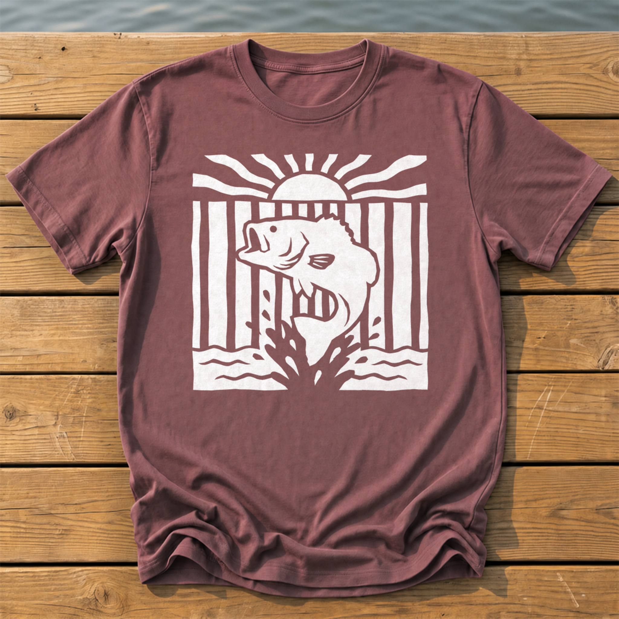 leaping bass striped bold folk cutout na T-Shirt — Brick