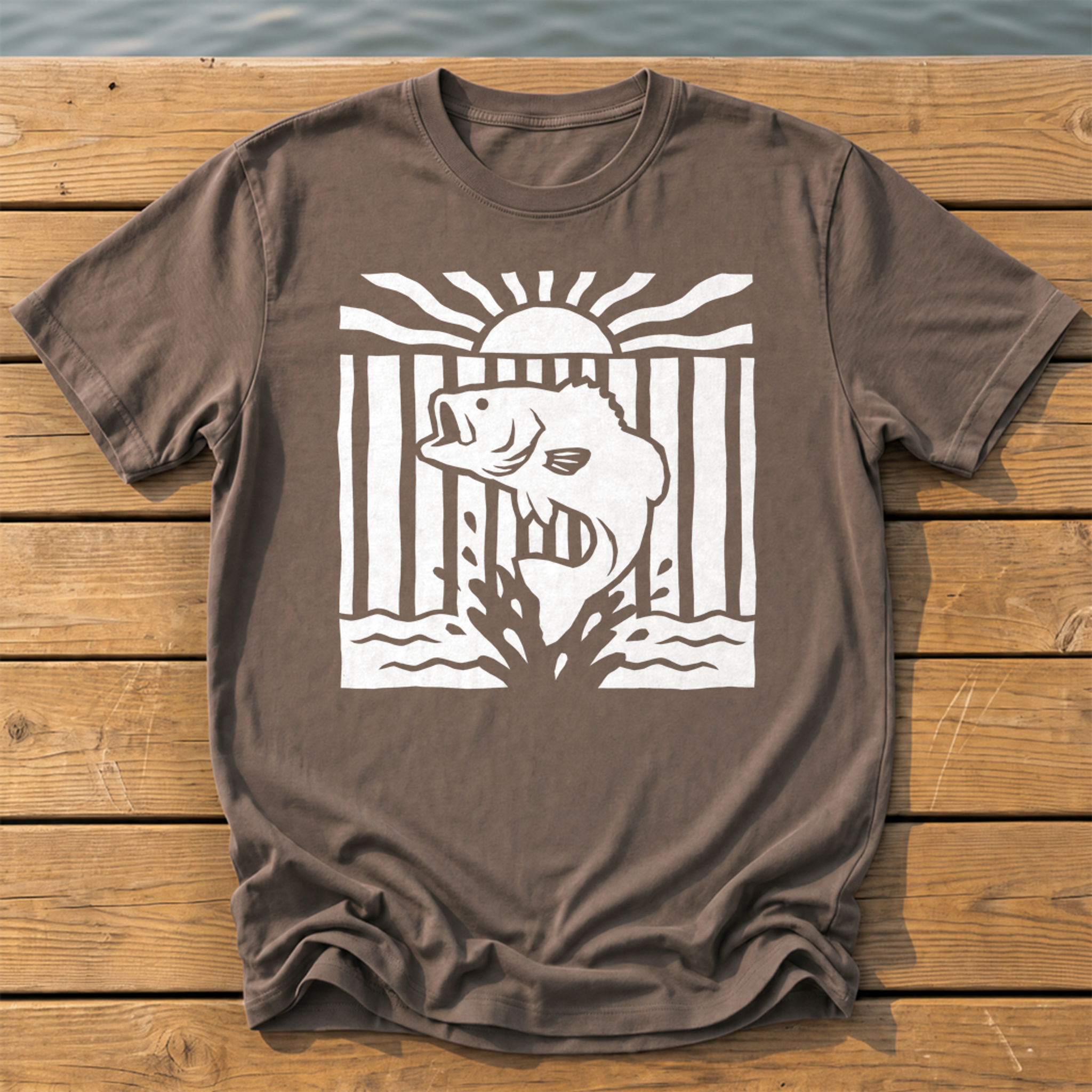 leaping bass striped bold folk cutout na T-Shirt — Espresso