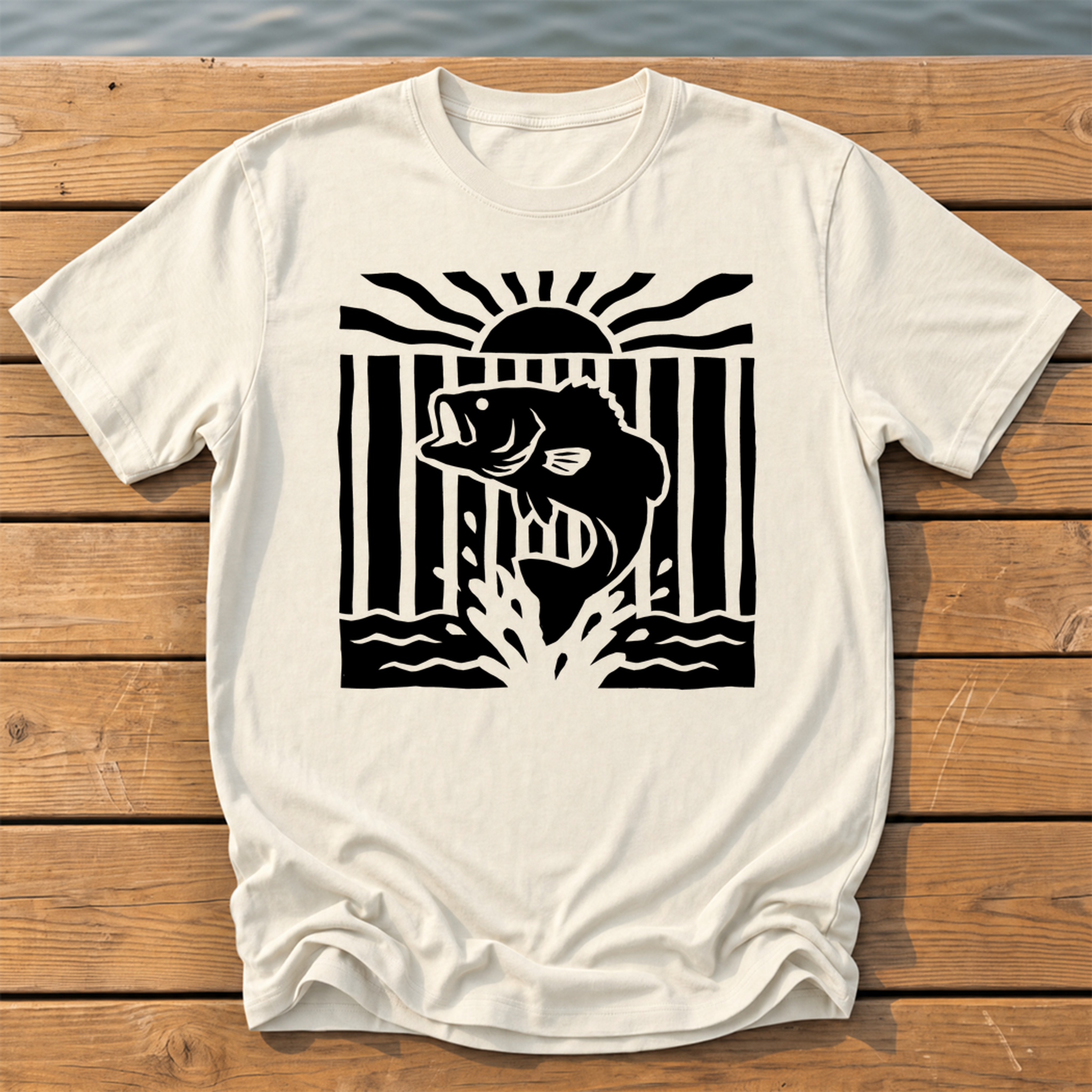 leaping bass striped bold folk cutout na T-Shirt — Ivory