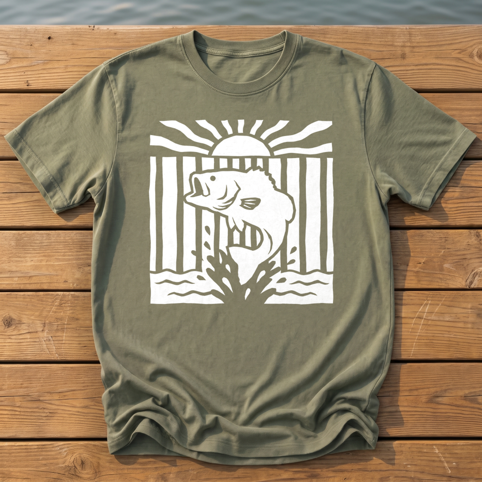 leaping bass striped bold folk cutout na T-Shirt — Moss