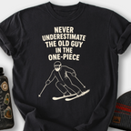 Never Underestimate the Old Guy (Skier) T-Shirt — Black