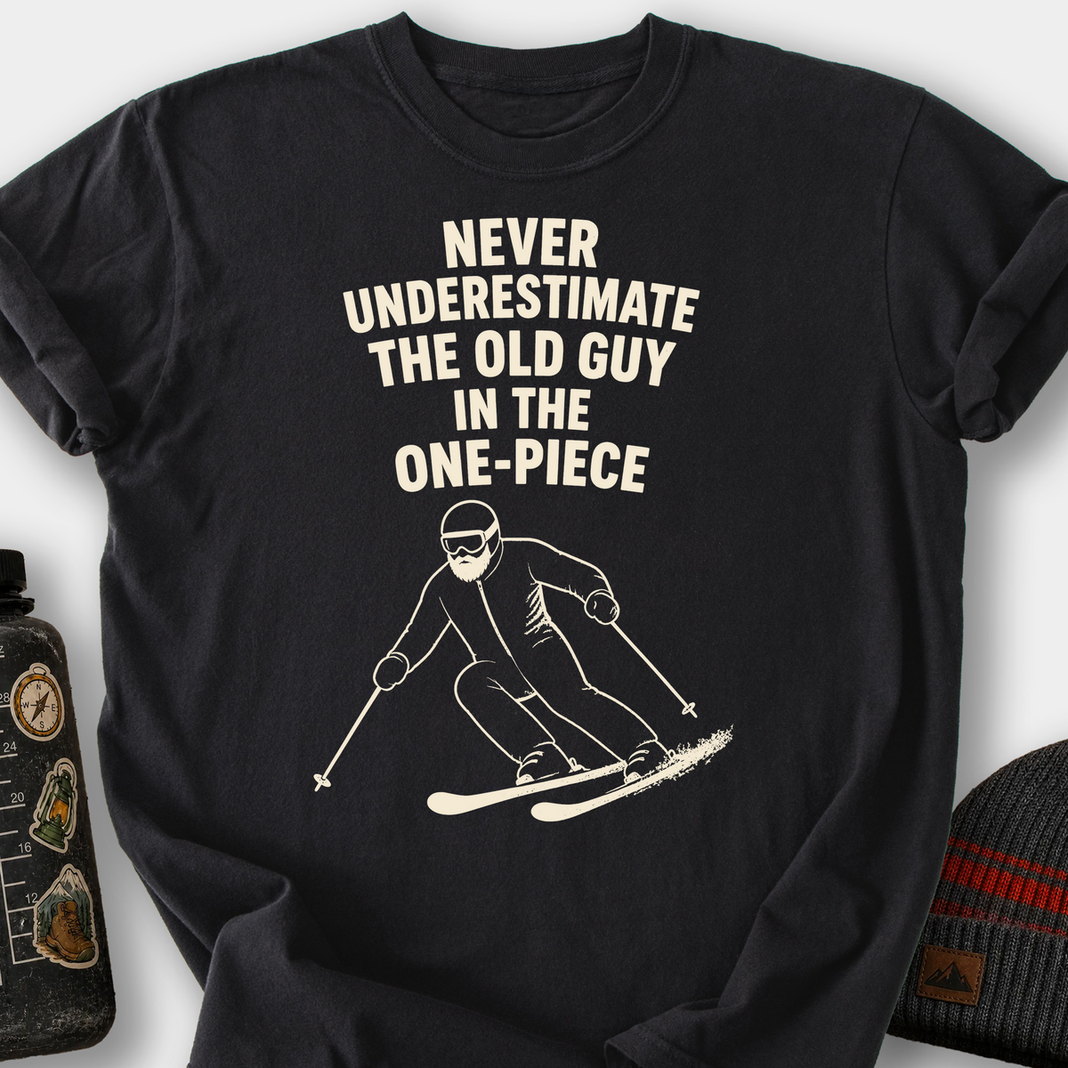 Never Underestimate the Old Guy (Skier) T-Shirt — Black