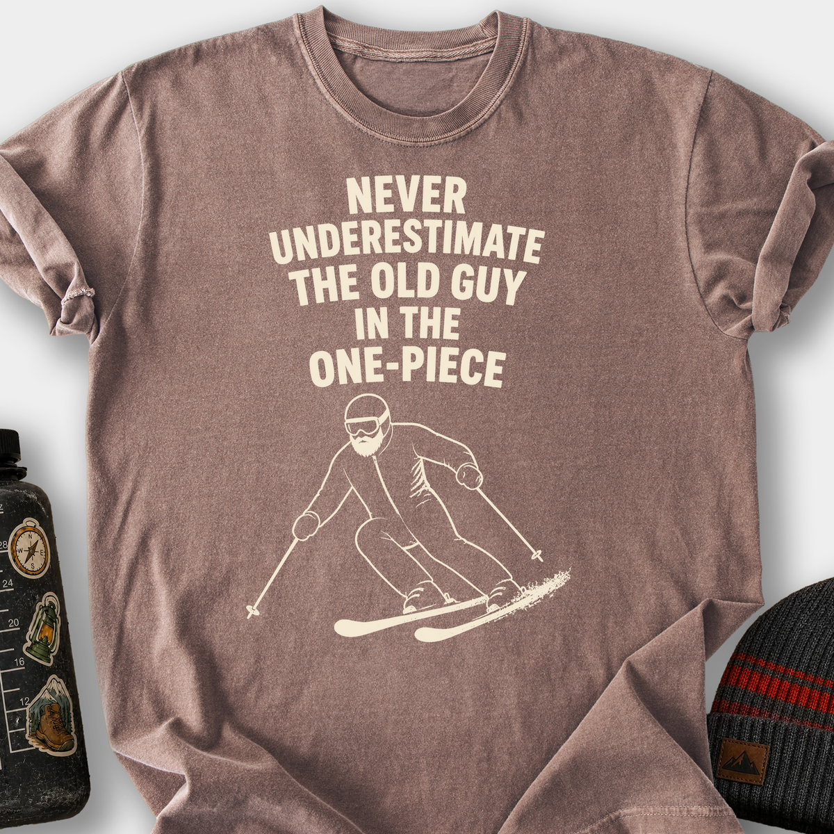 Never Underestimate the Old Guy (Skier) T-Shirt — Espresso