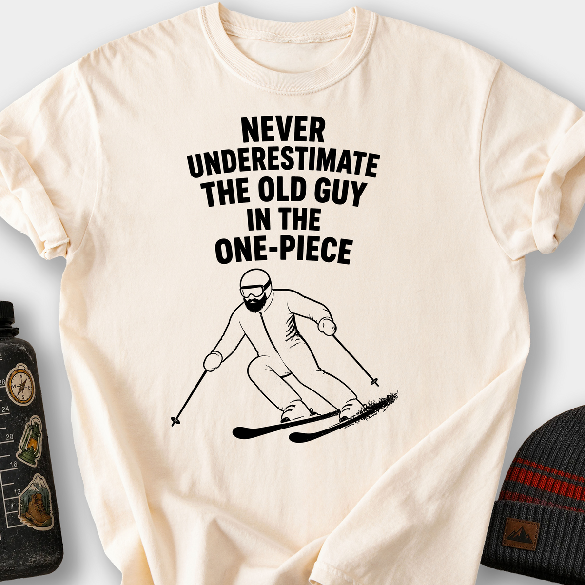 Never Underestimate the Old Guy (Skier) T-Shirt — Ivory