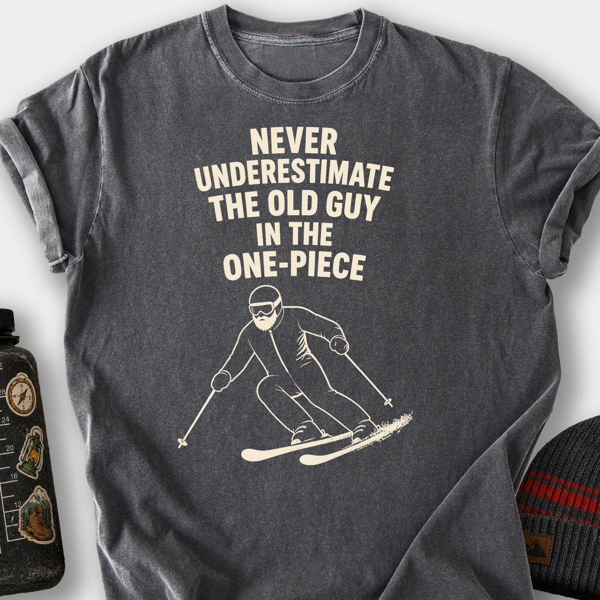 Never Underestimate the Old Guy (Skier) T-Shirt — Pepper