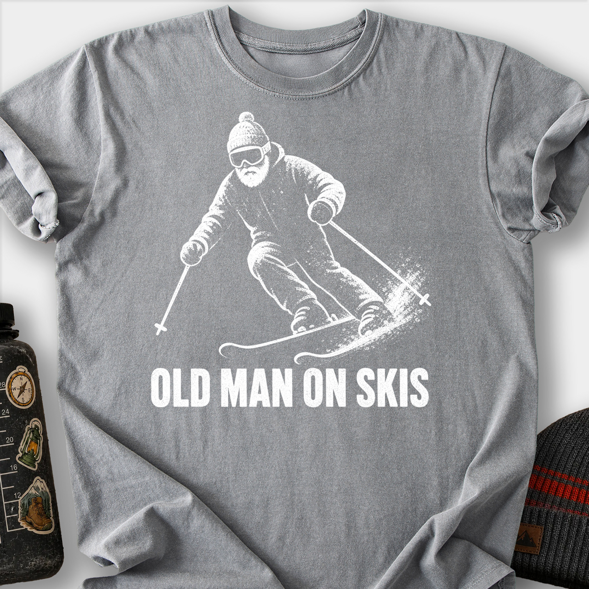 Old Man on Skis T-Shirt — Grey