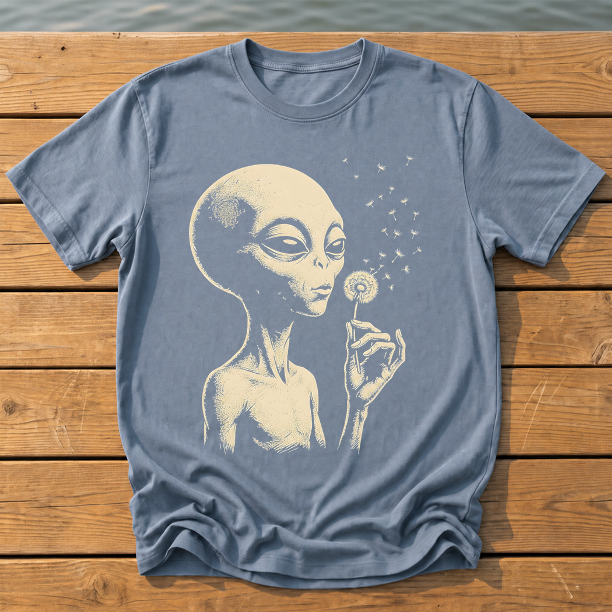 picks alien blowing dandelion T-Shirt — Blue Jean