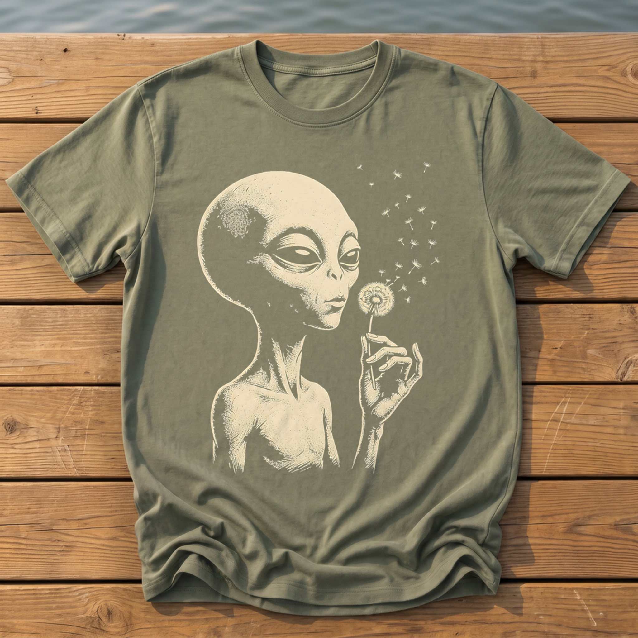 picks alien blowing dandelion T-Shirt — Moss