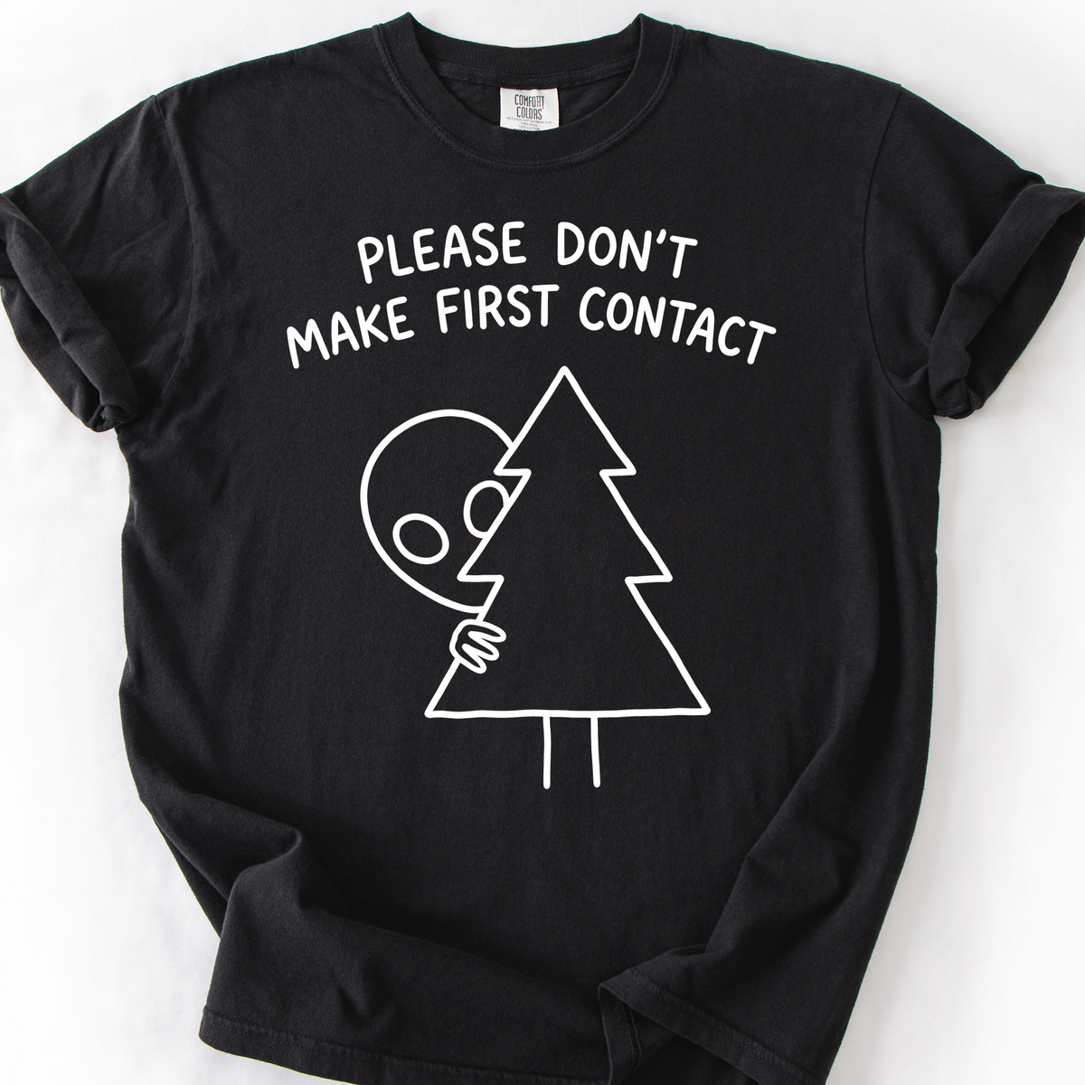 Please Don't Make First Contact (Doodle) T-Shirt — Black