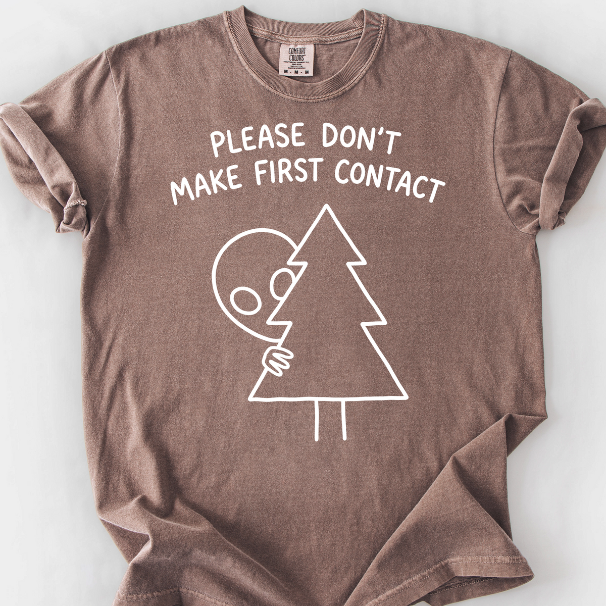 Please Don't Make First Contact (Doodle) T-Shirt — Espresso
