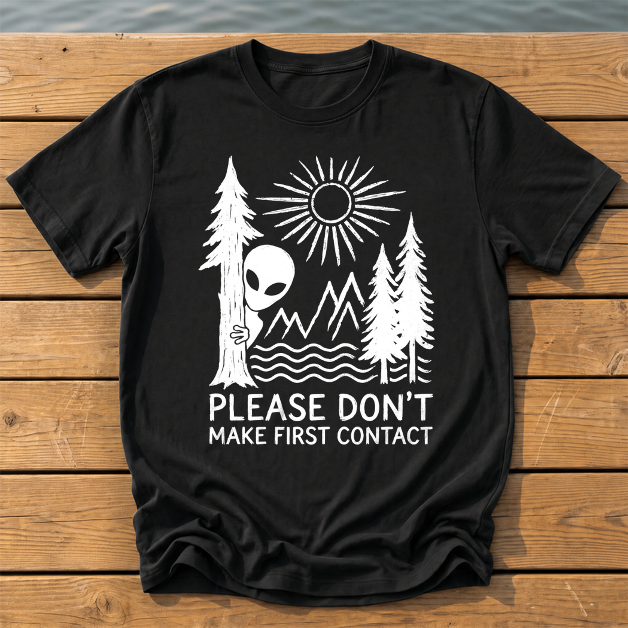 please dont make first contact_rough brush linocut T-Shirt — Black