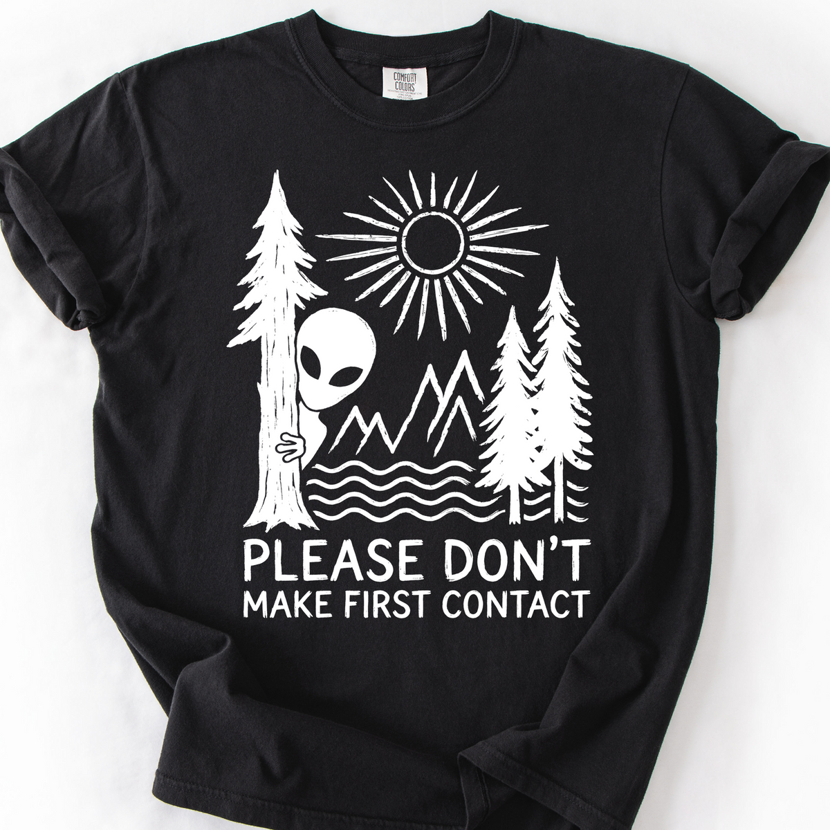 Please Don't Make First Contact (Linocut) T-Shirt — Black