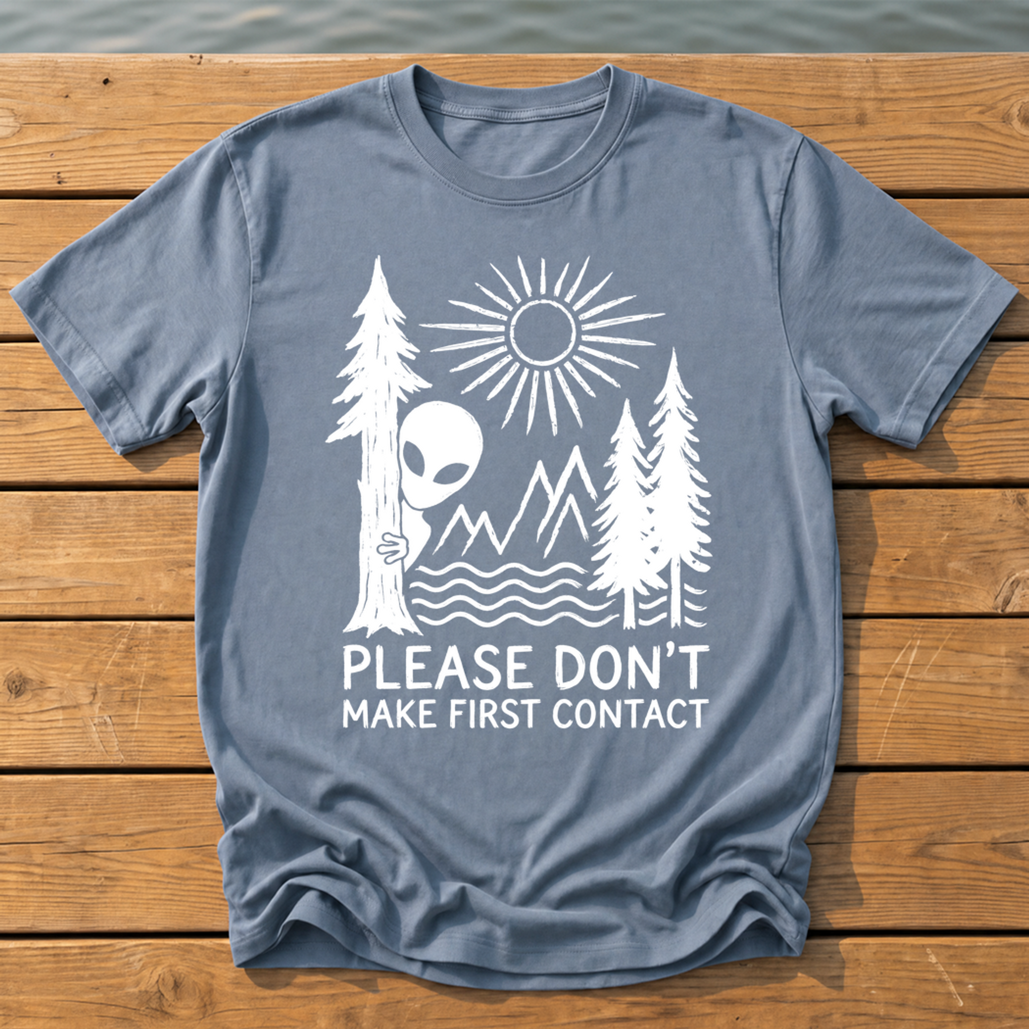 please dont make first contact_rough brush linocut T-Shirt — Blue Jean