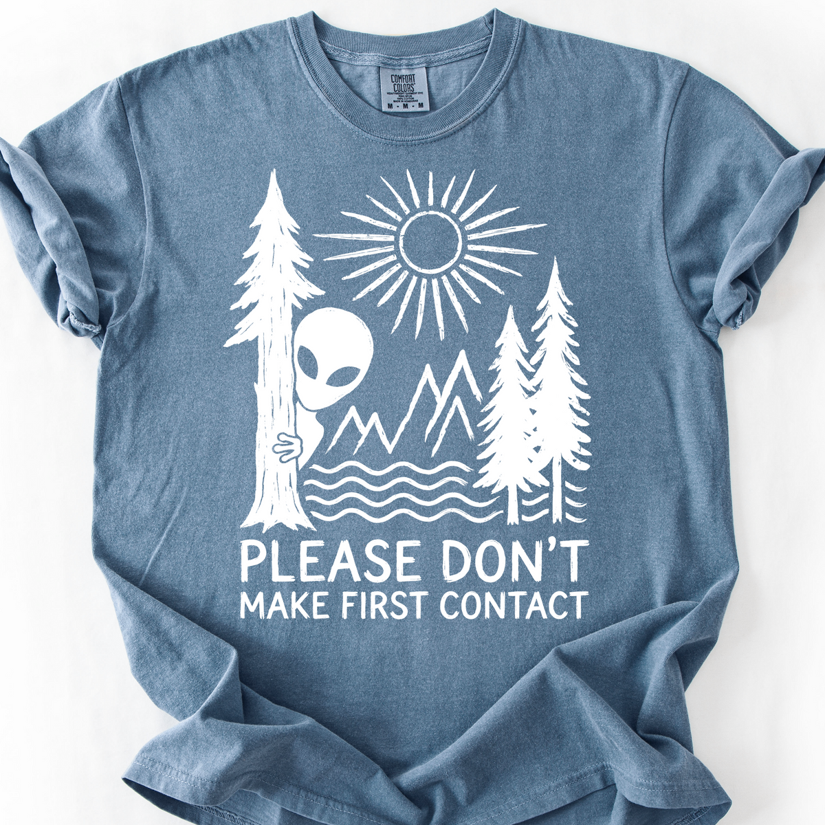 Please Don't Make First Contact (Linocut) T-Shirt — Blue Jean
