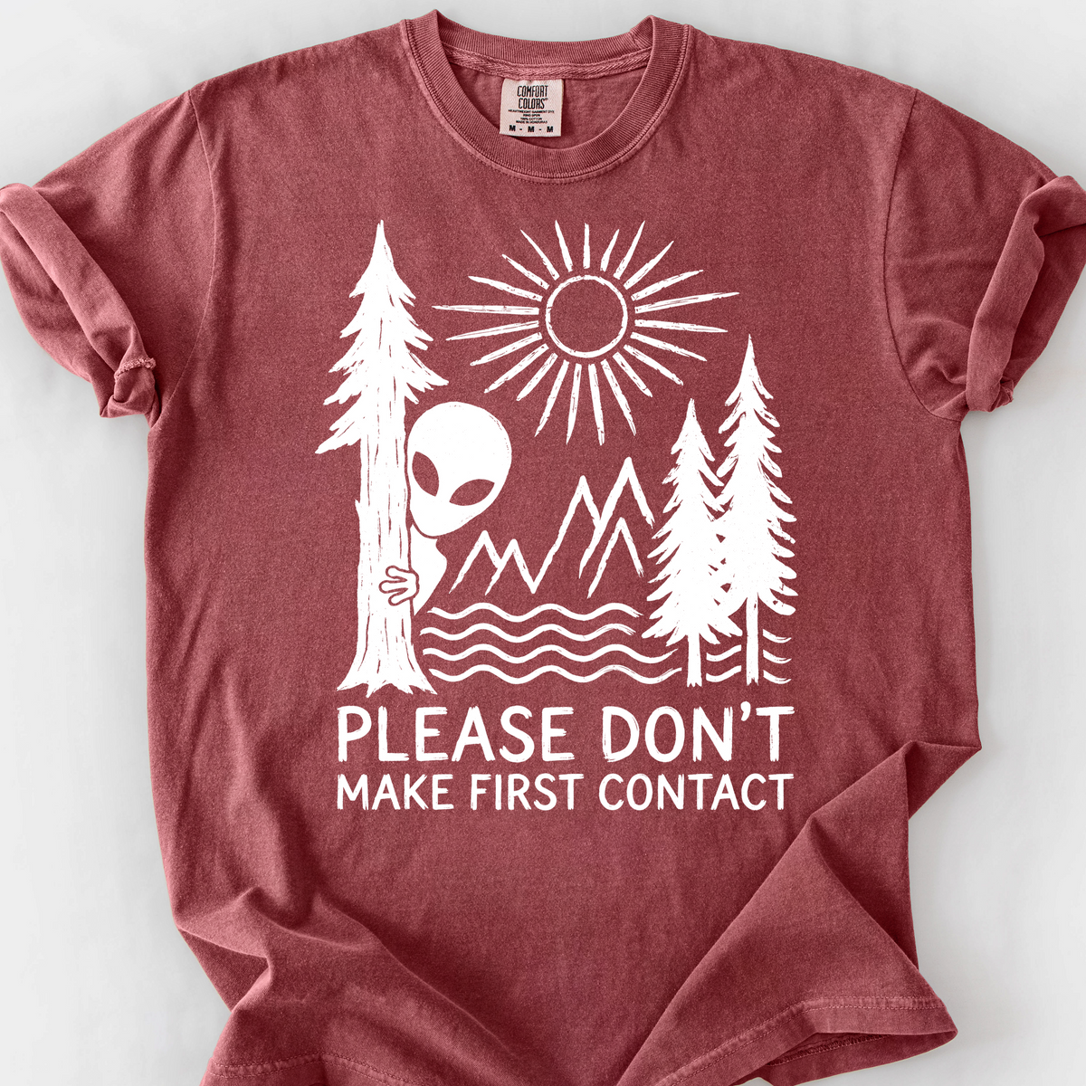 Please Don't Make First Contact (Linocut) T-Shirt — Brick