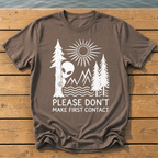 please dont make first contact_rough brush linocut T-Shirt — Espresso