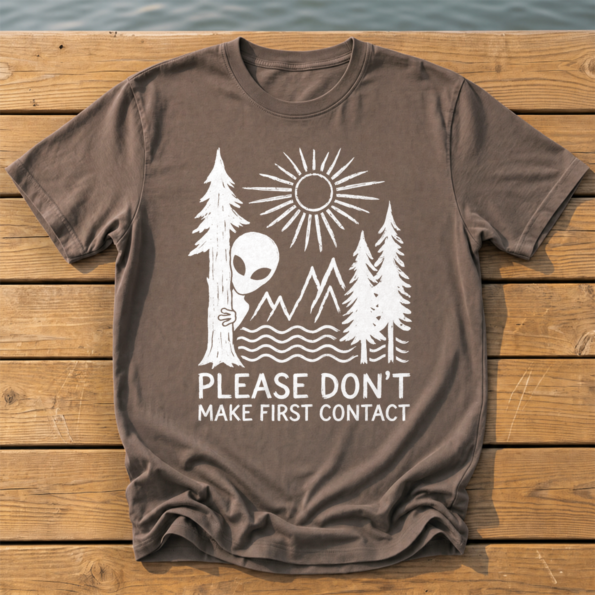 please dont make first contact_rough brush linocut T-Shirt — Espresso