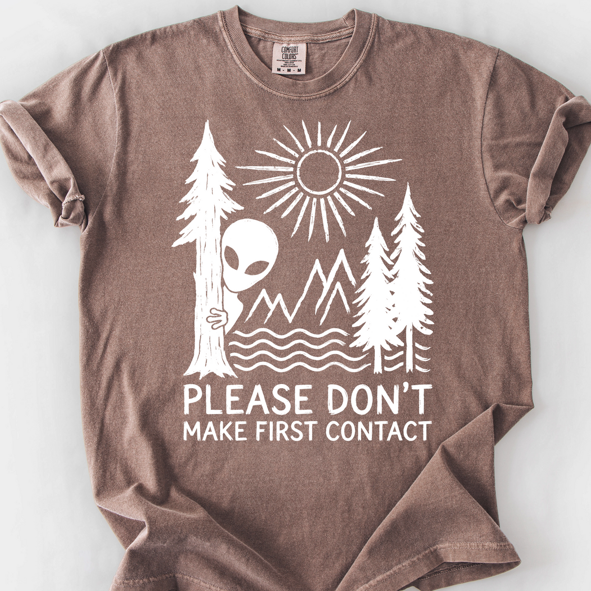 Please Don't Make First Contact (Linocut) T-Shirt — Espresso