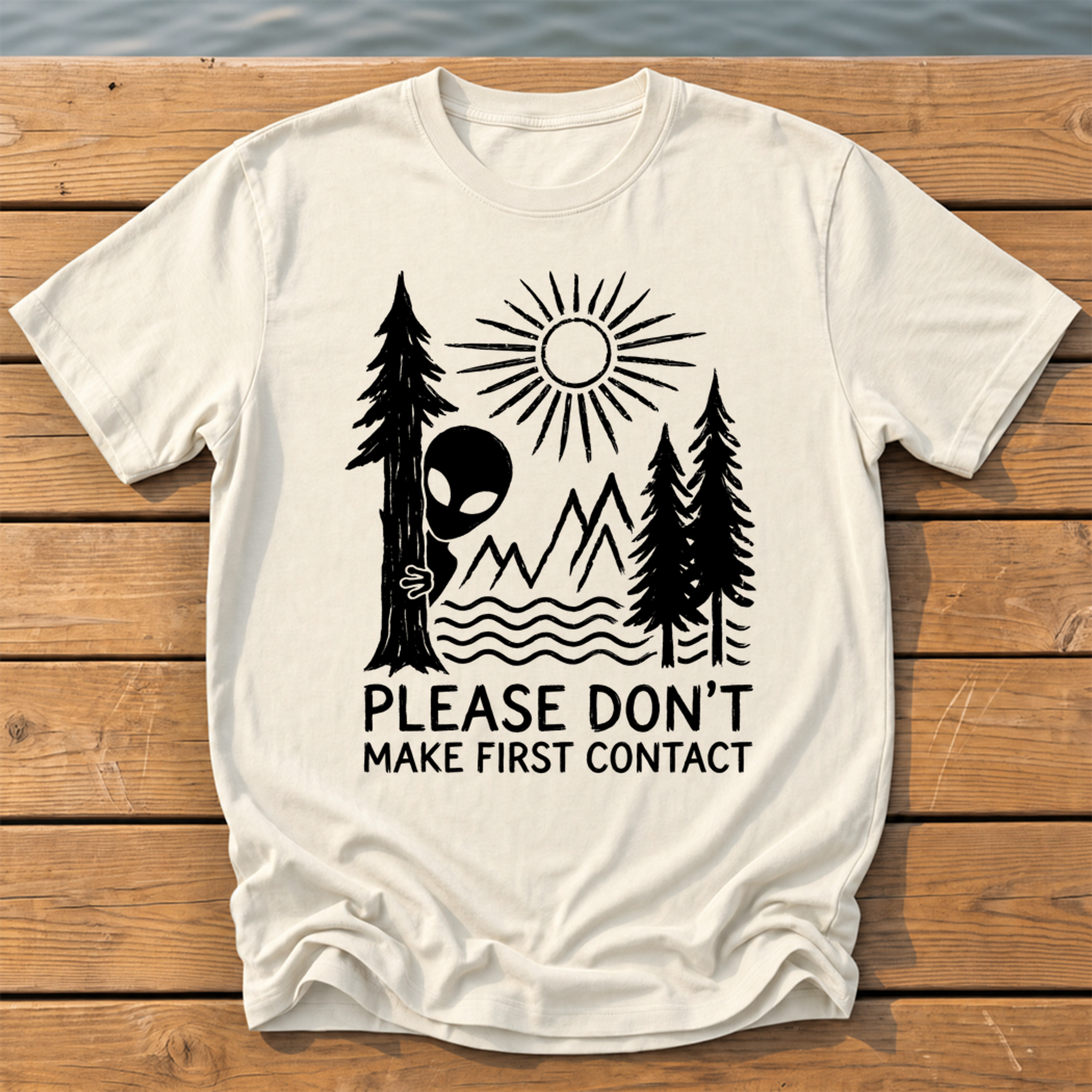please dont make first contact_rough brush linocut T-Shirt — Ivory