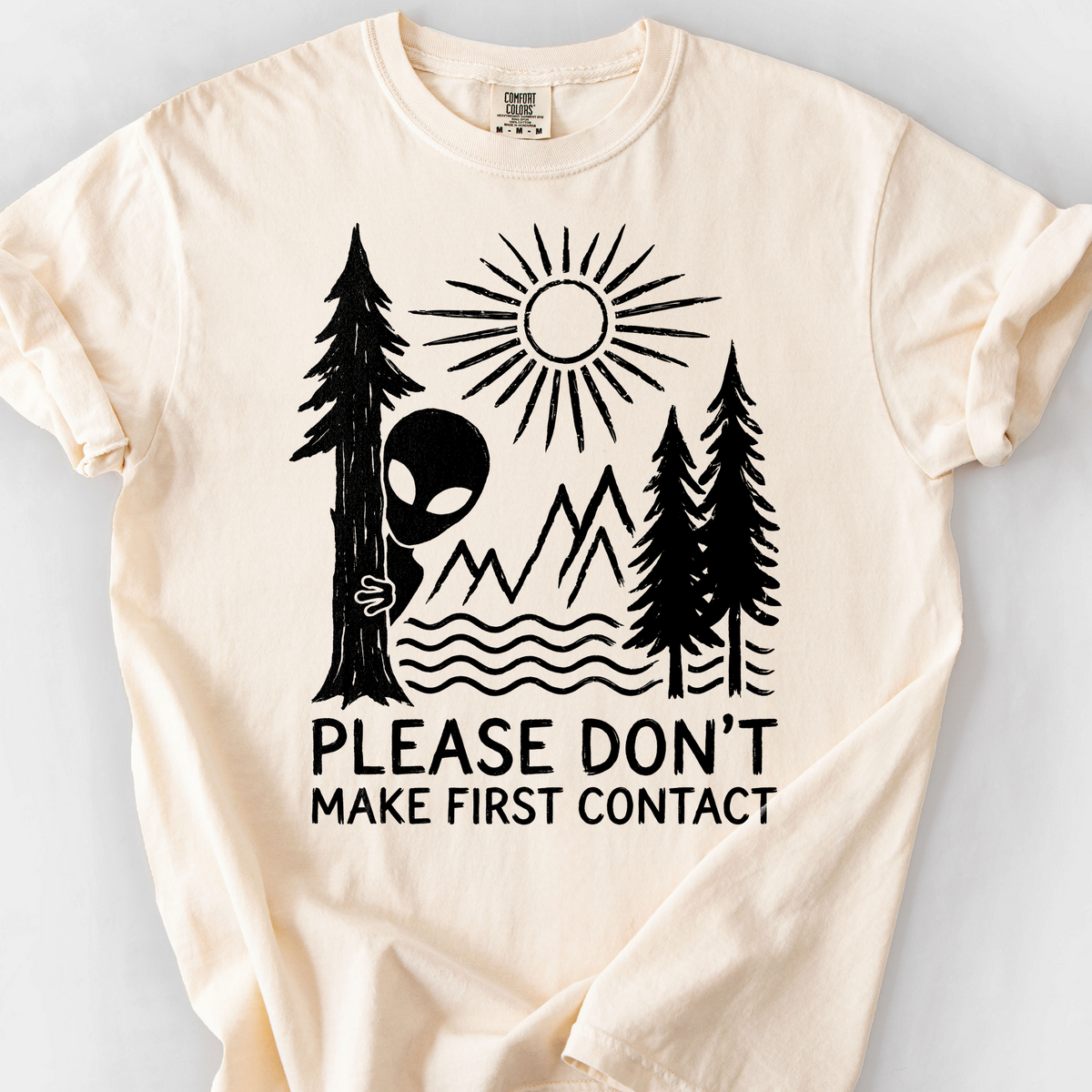 Please Don't Make First Contact (Linocut) T-Shirt — Ivory