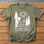 please dont make first contact_rough brush linocut T-Shirt — Moss