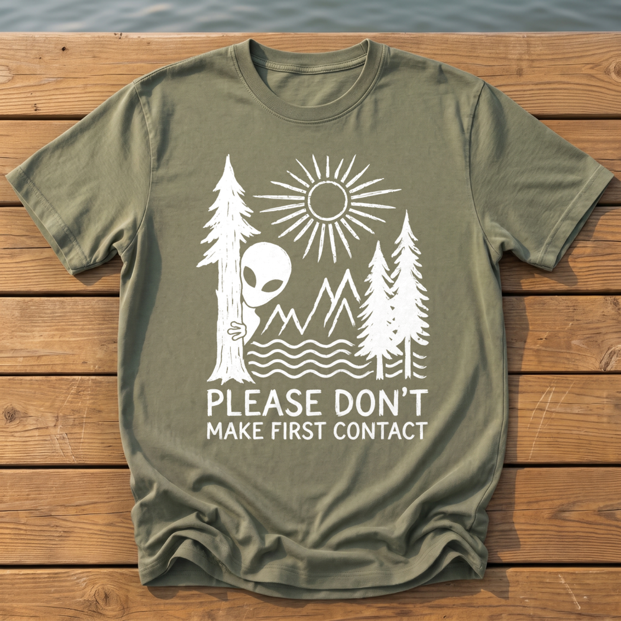 please dont make first contact_rough brush linocut T-Shirt — Moss