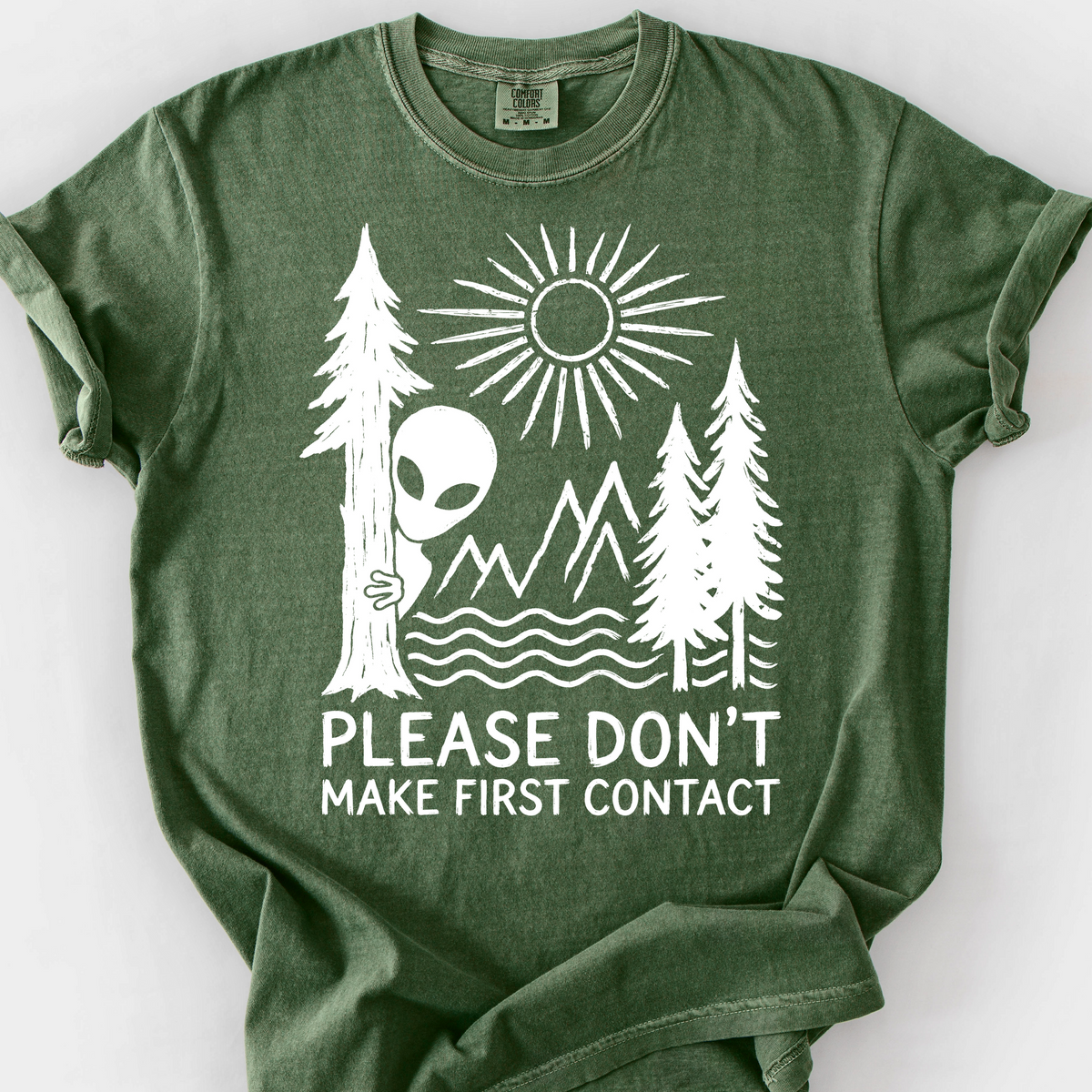 Please Don't Make First Contact (Linocut) T-Shirt — Moss