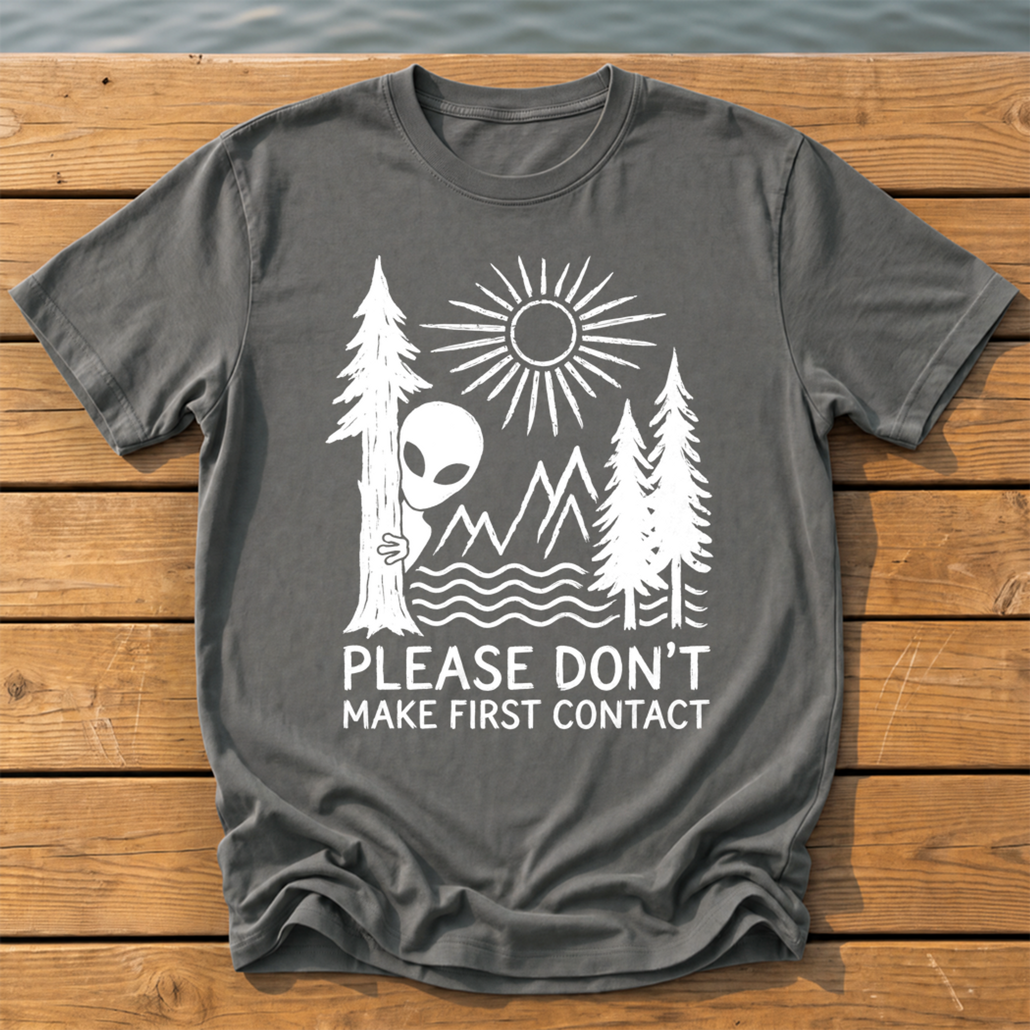 please dont make first contact_rough brush linocut T-Shirt — Pepper