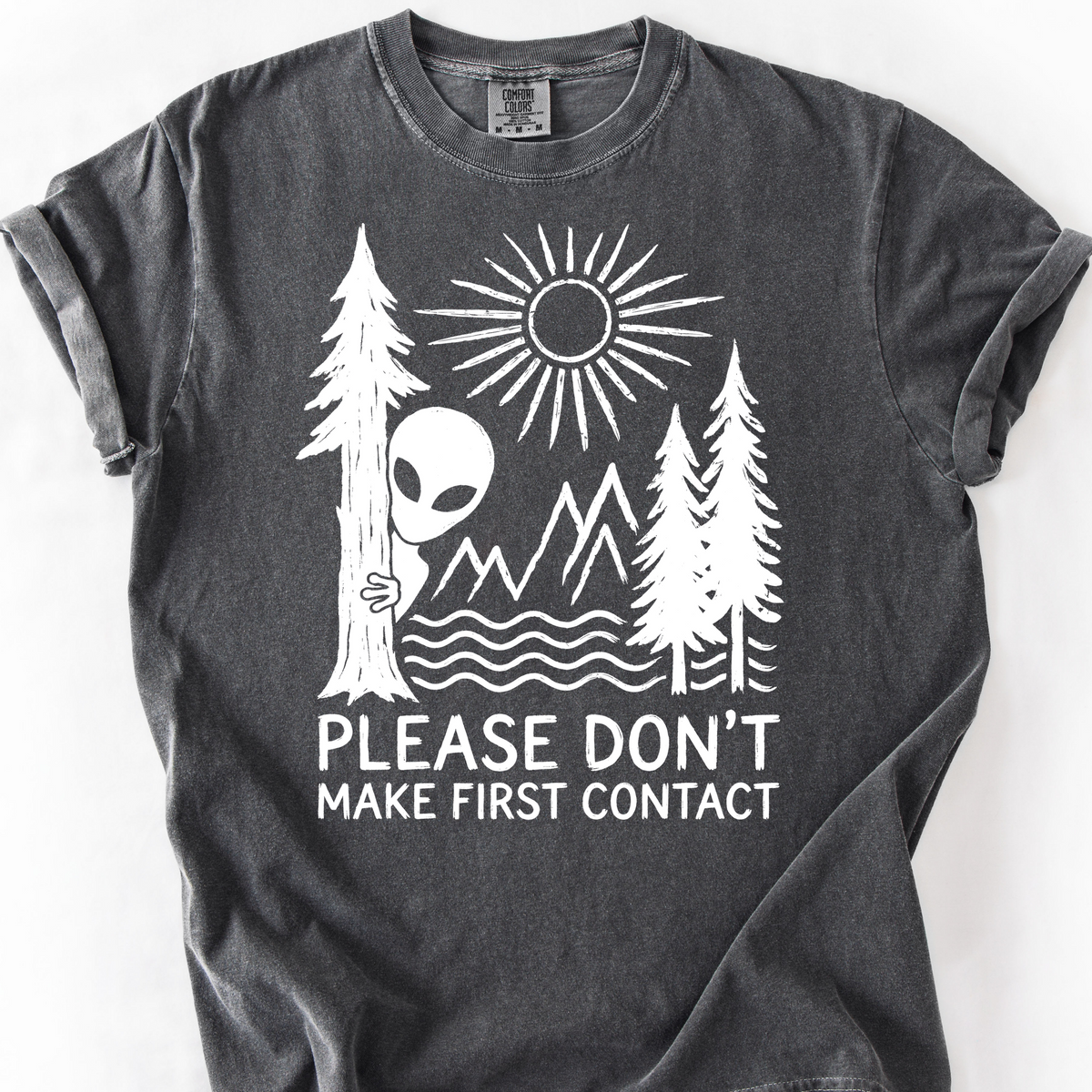 Please Don't Make First Contact (Linocut) T-Shirt — Pepper