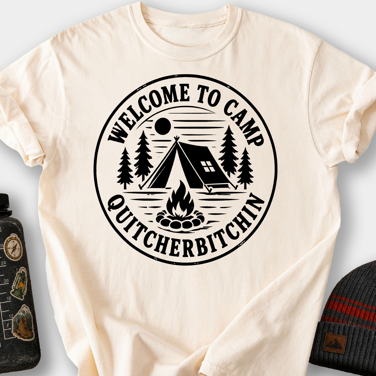 Welcome to Camp Quitcherbitchin (Badge) T-Shirt — Ivory
