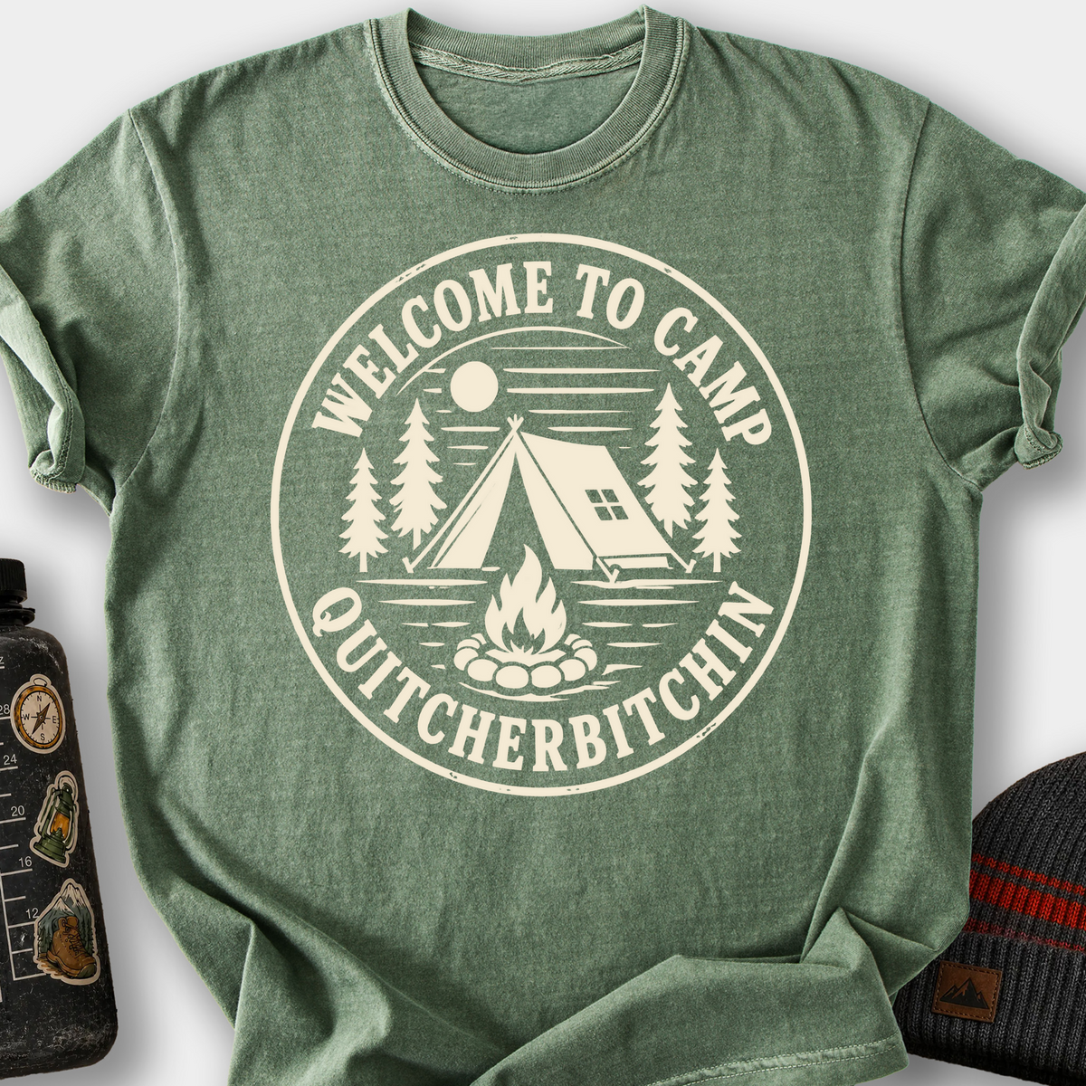 Welcome to Camp Quitcherbitchin (Badge) T-Shirt — Moss