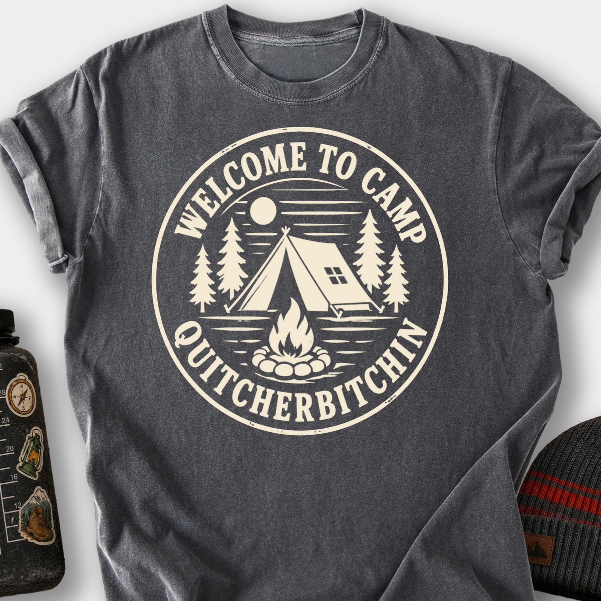 Welcome to Camp Quitcherbitchin (Badge) T-Shirt — Pepper