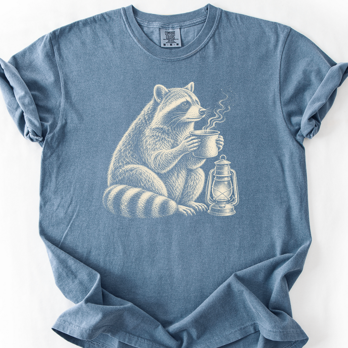 Raccoon Coffee Lantern T-Shirt — Blue Jean