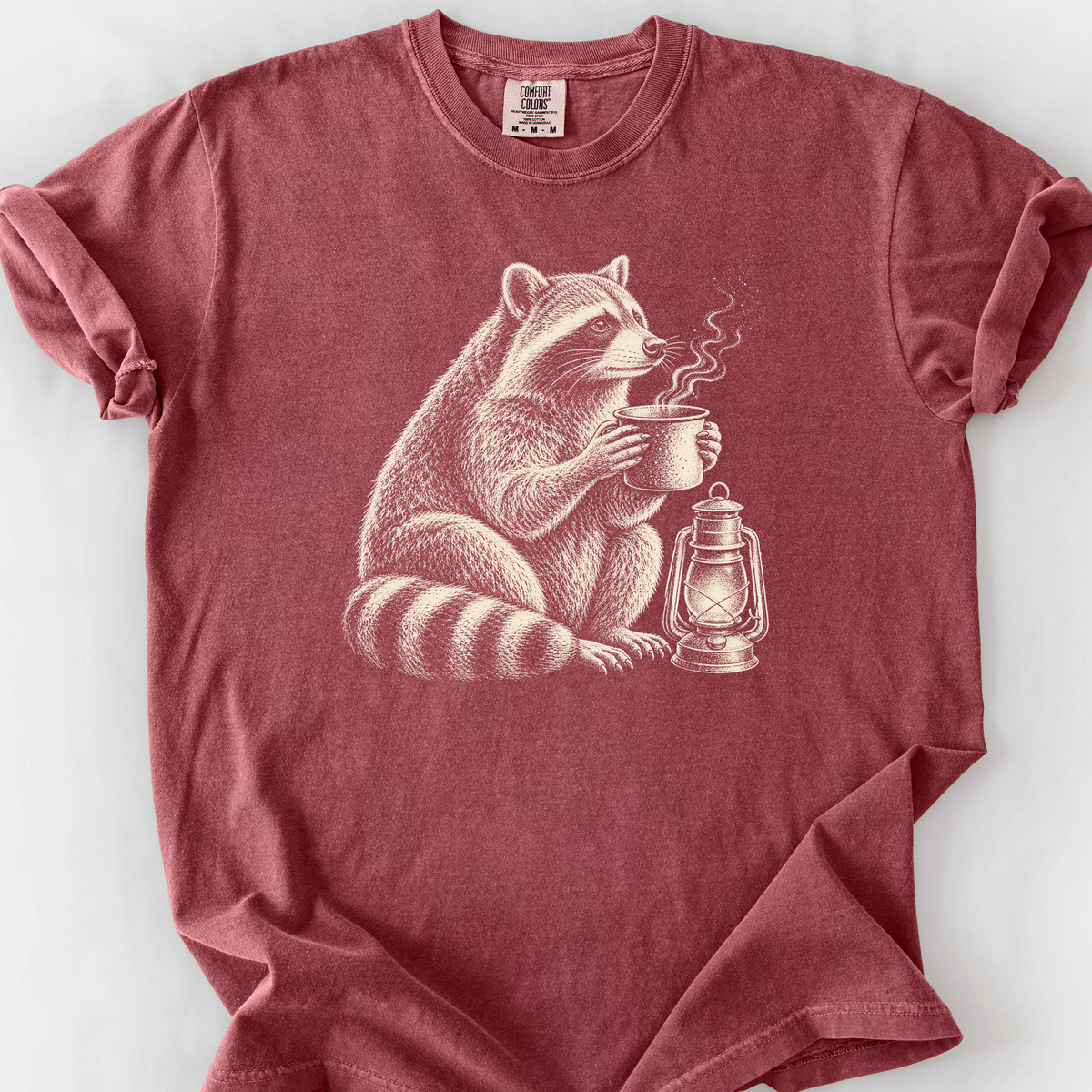 Raccoon Coffee Lantern T-Shirt — Brick