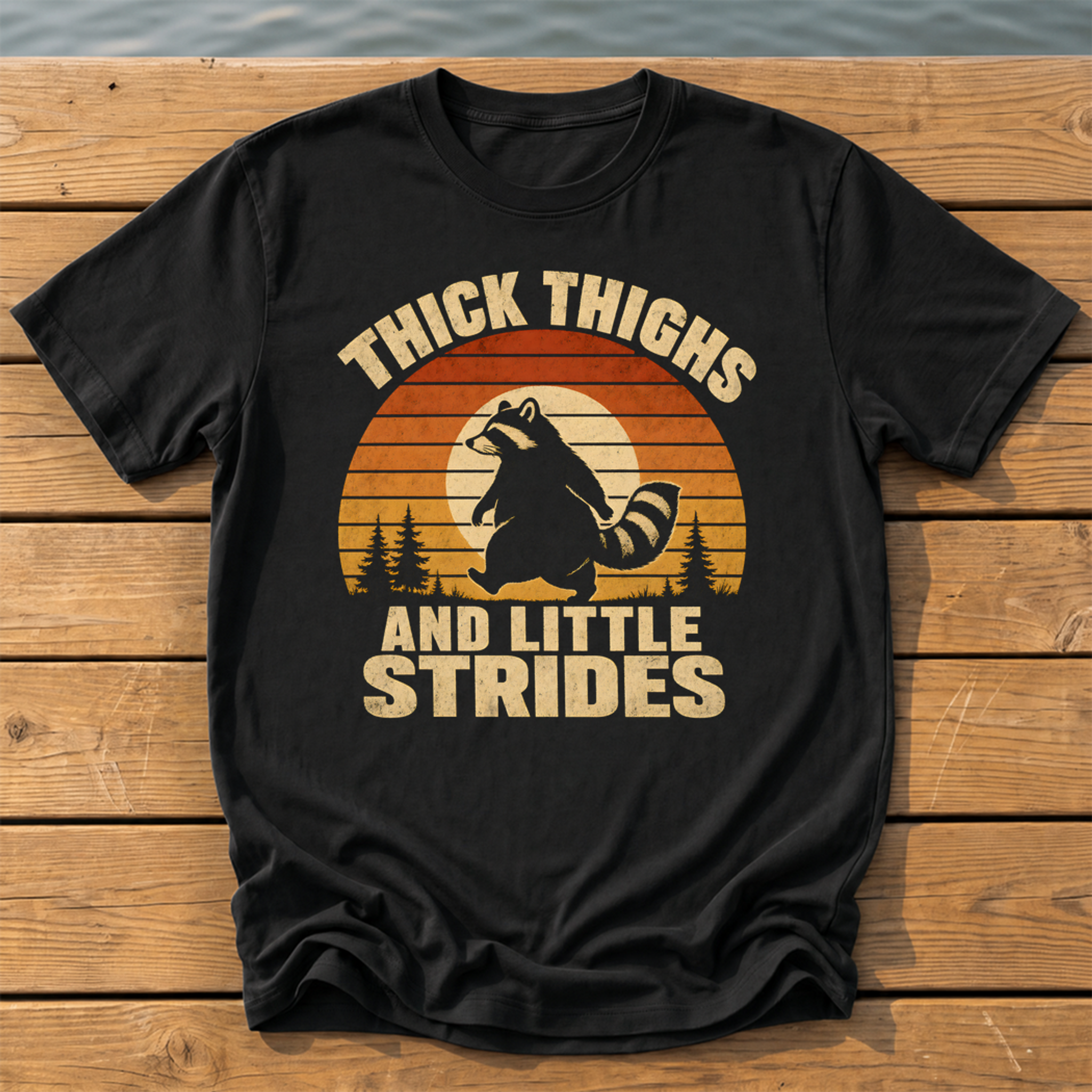 raccoon thick thighs little strides sunset slat T-Shirt — Black