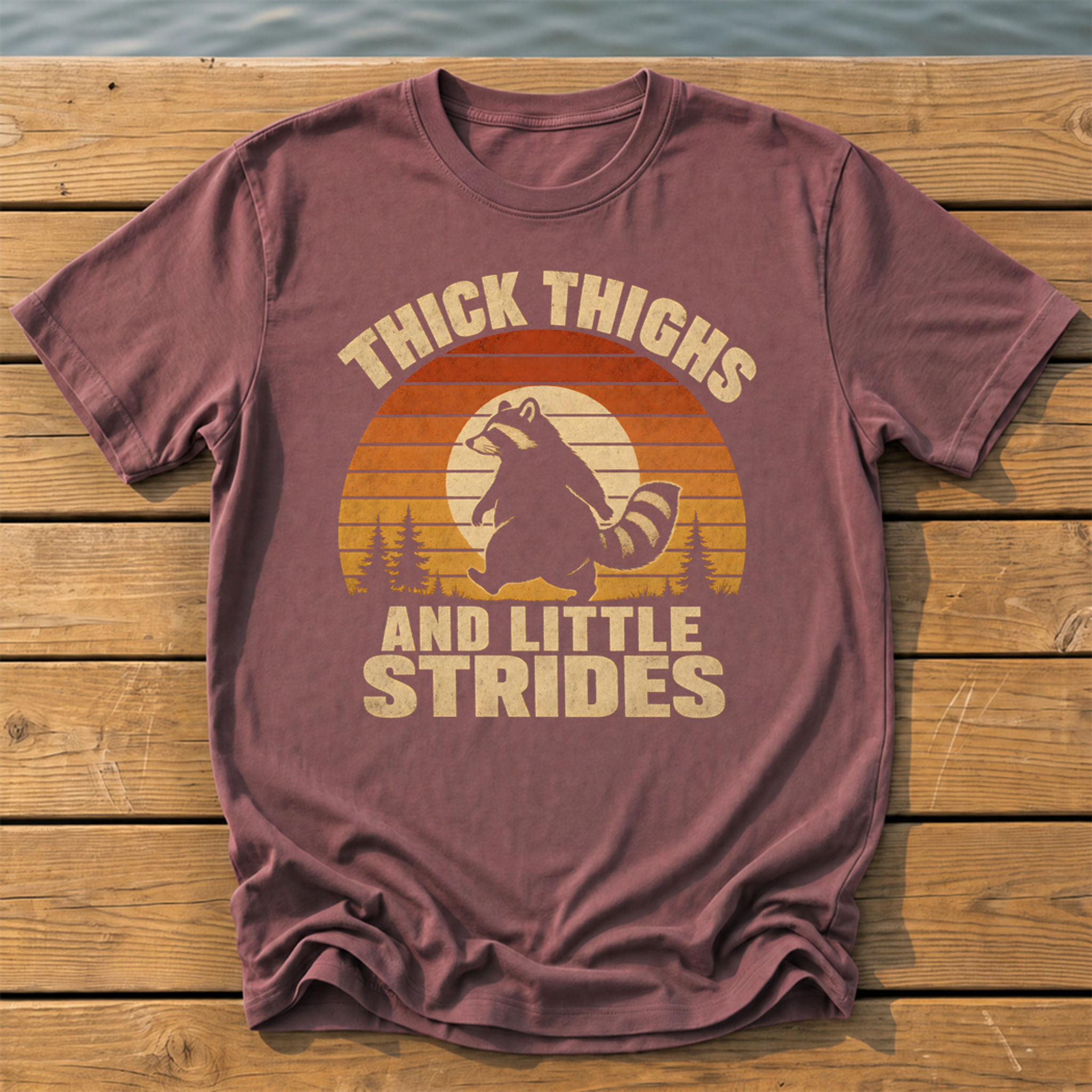 raccoon thick thighs little strides sunset slat T-Shirt — Brick