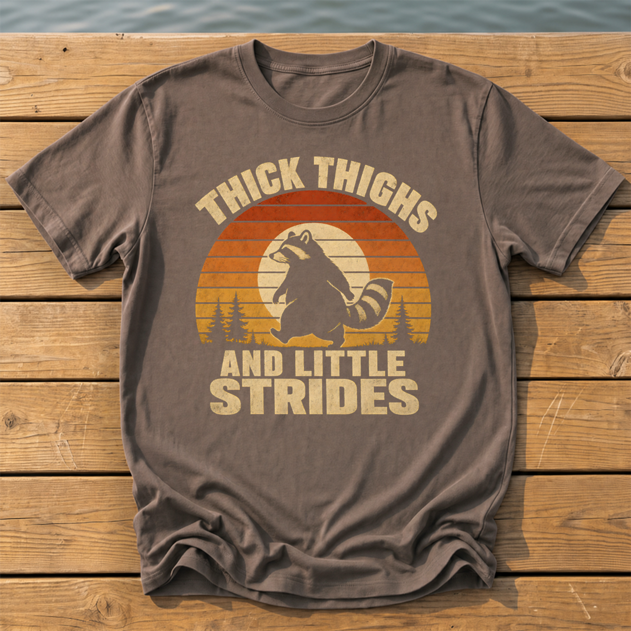 raccoon thick thighs little strides sunset slat T-Shirt — Espresso