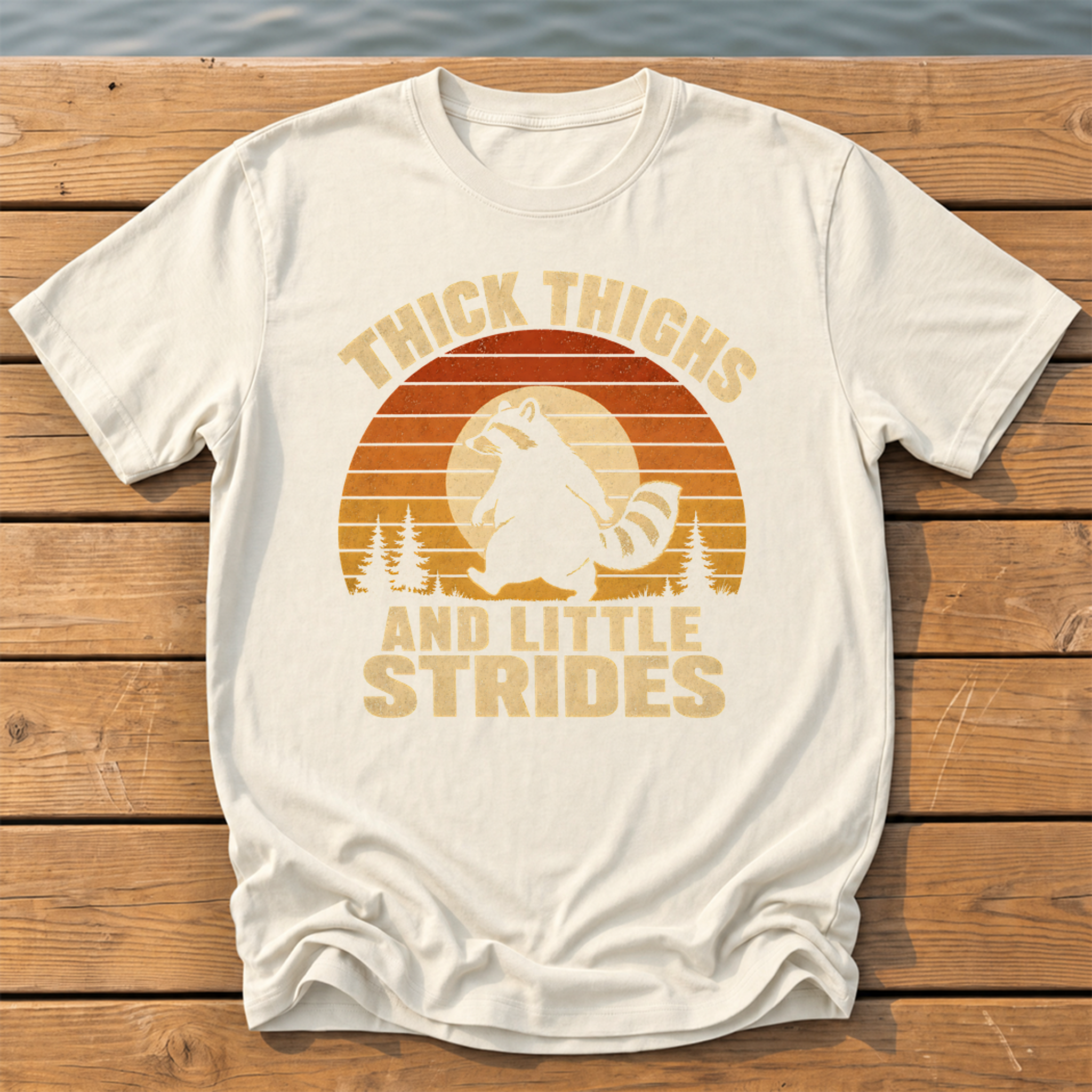 raccoon thick thighs little strides sunset slat T-Shirt — Ivory