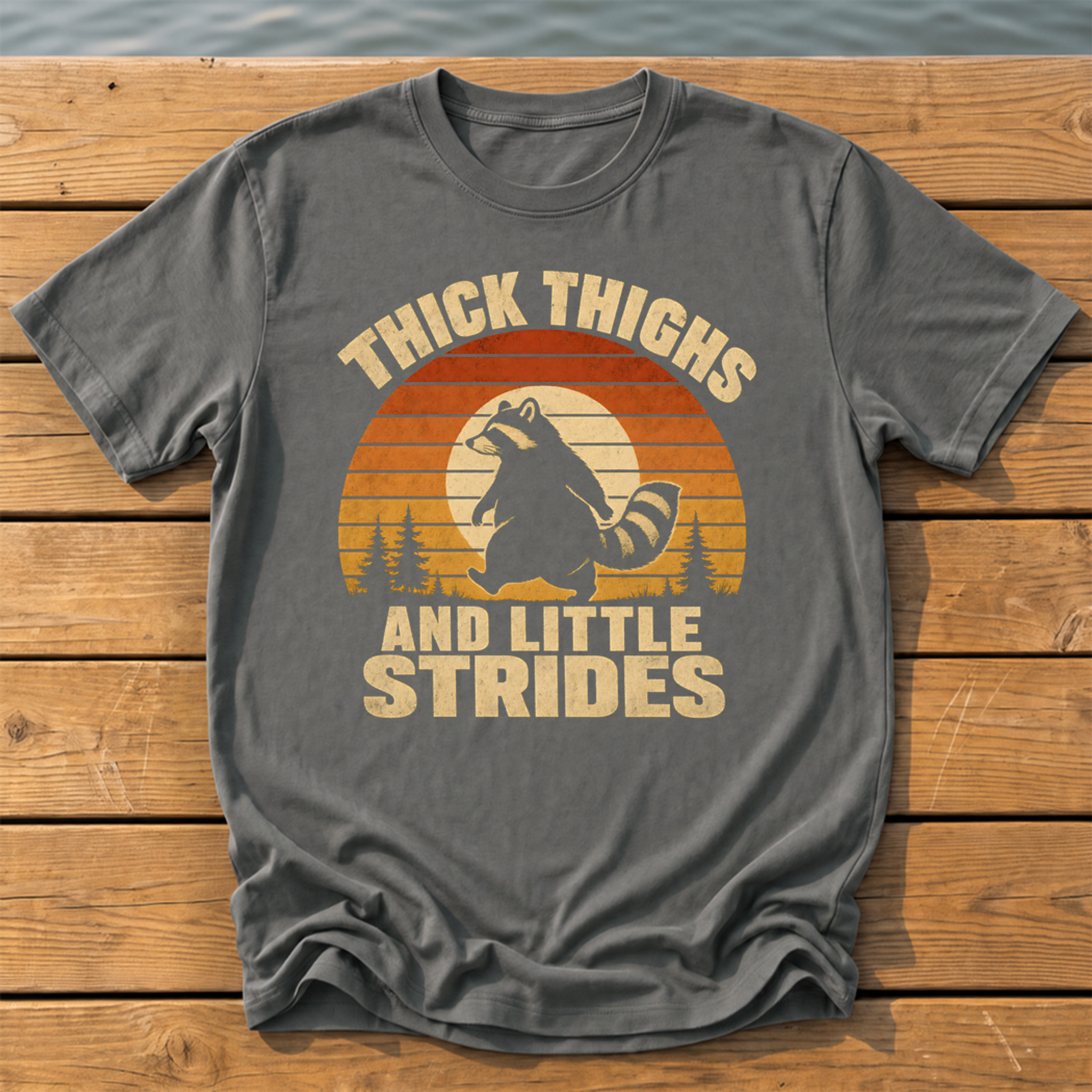 raccoon thick thighs little strides sunset slat T-Shirt — Pepper