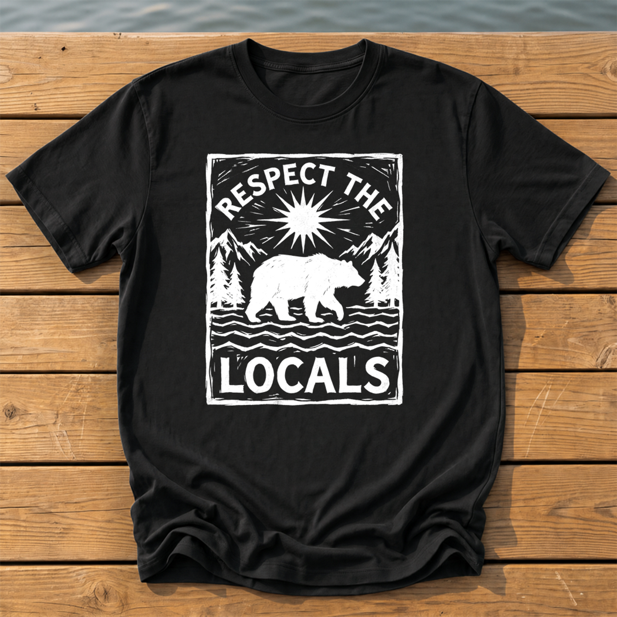 respect the locals bear_rough brush linocut T-Shirt — Black