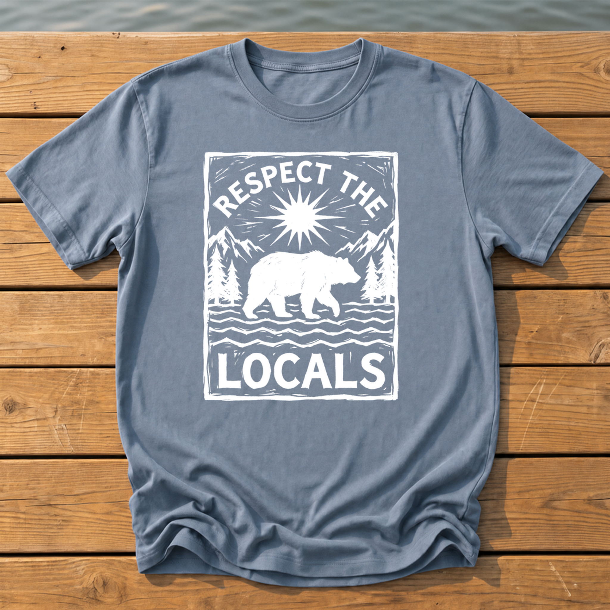 respect the locals bear_rough brush linocut T-Shirt — Blue Jean