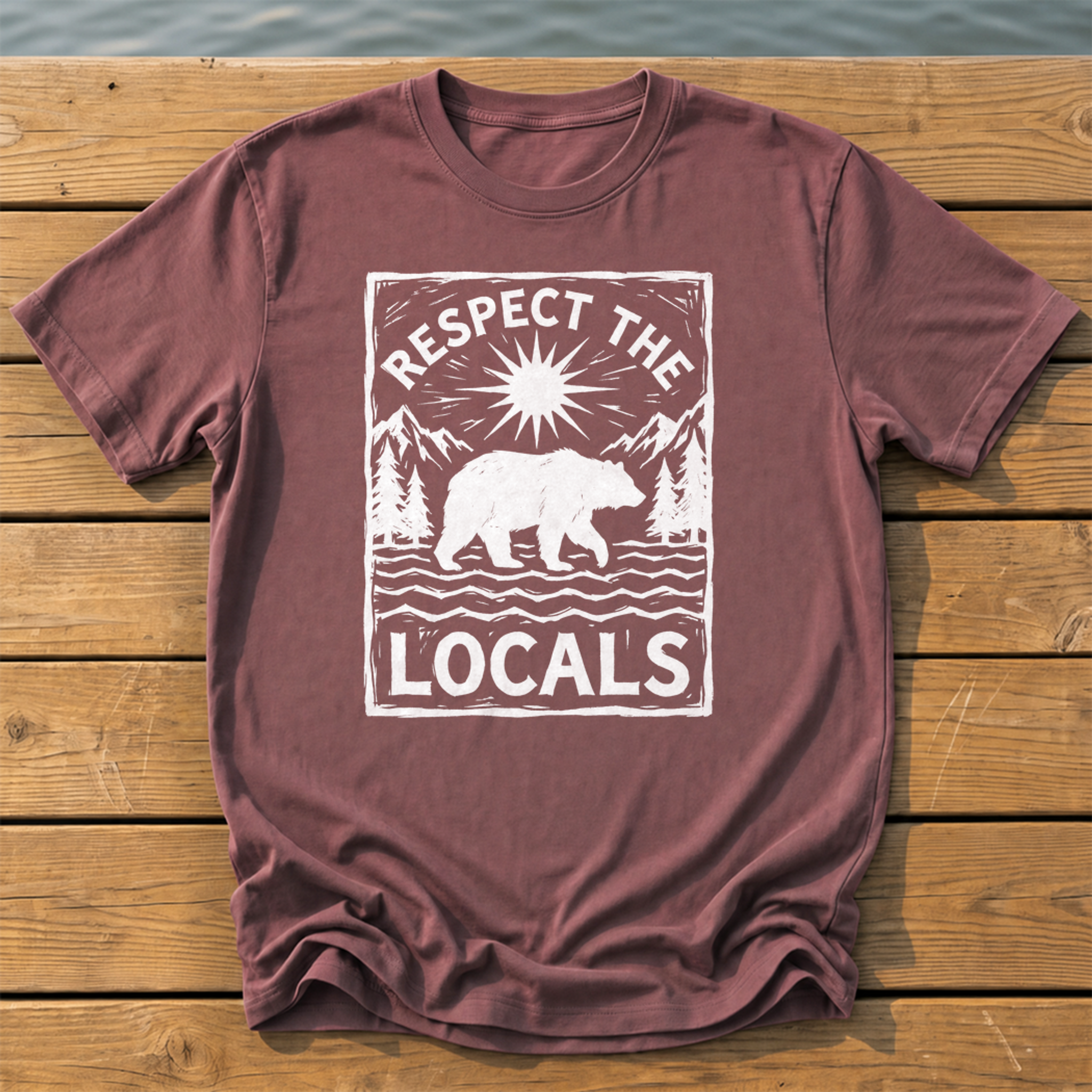 respect the locals bear_rough brush linocut T-Shirt — Brick