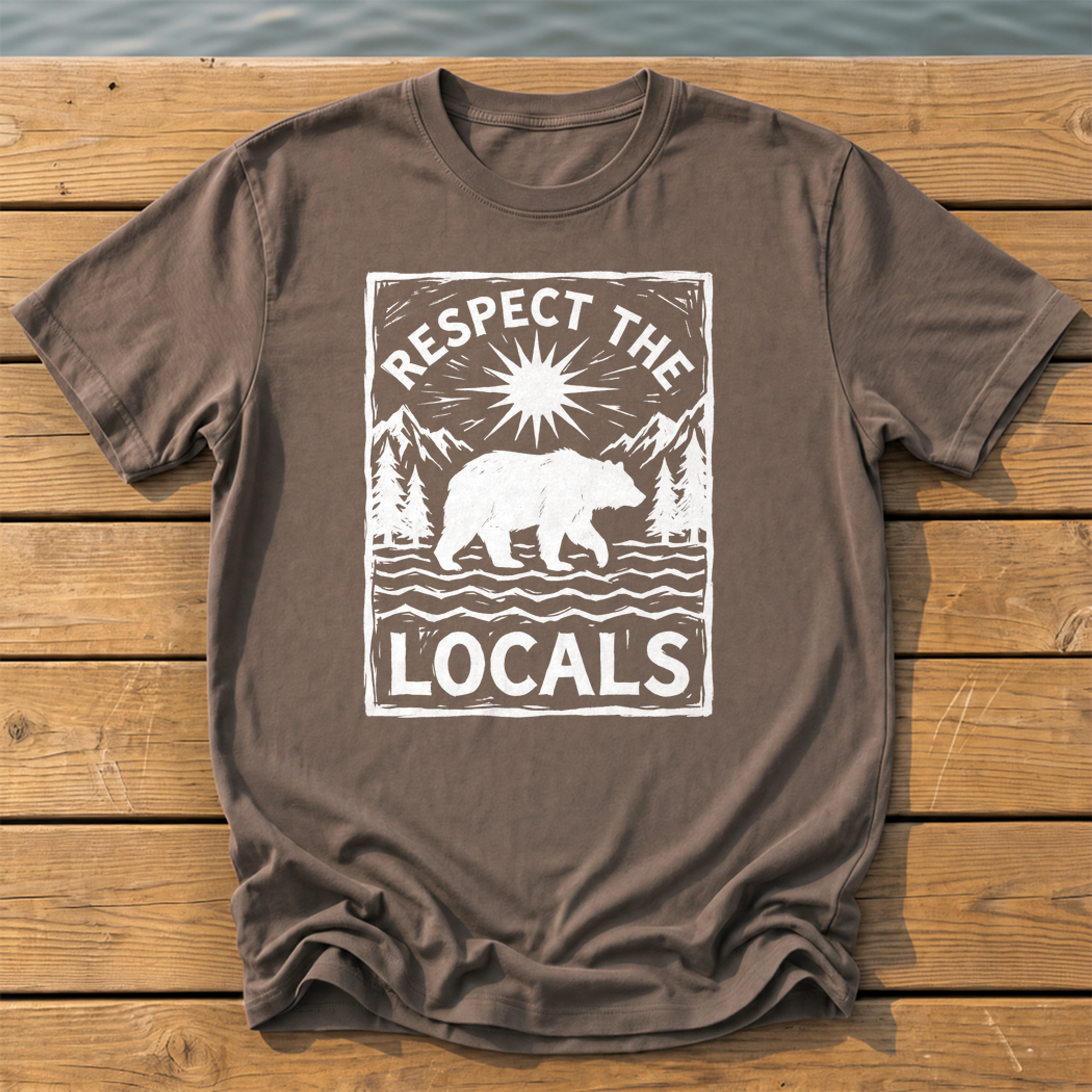 respect the locals bear_rough brush linocut T-Shirt — Espresso
